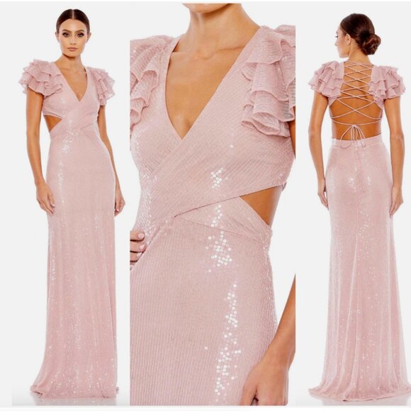 MAC DUGGAL 10829 SEQUINED RUFFLED CUTOUT LACE UP BACK ROSE GOWN sz 6 - Picture 4 of 4